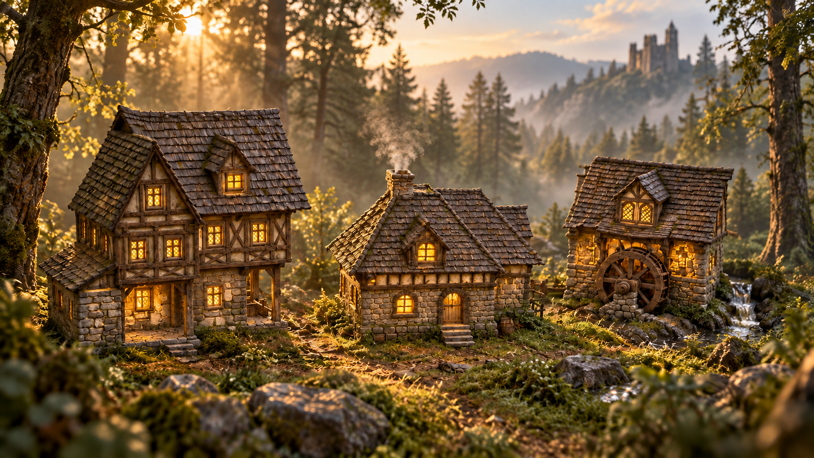 Miniatuurdorp met drie verlichte woningen in een bos